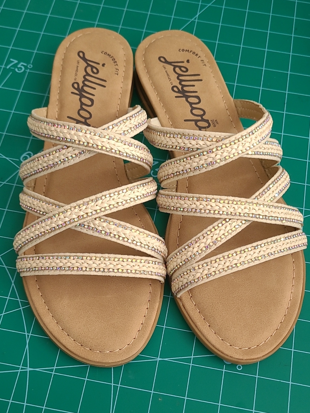 Jellypop Tan/Cream Strappy Slide Sandals with Rhinestone Accents